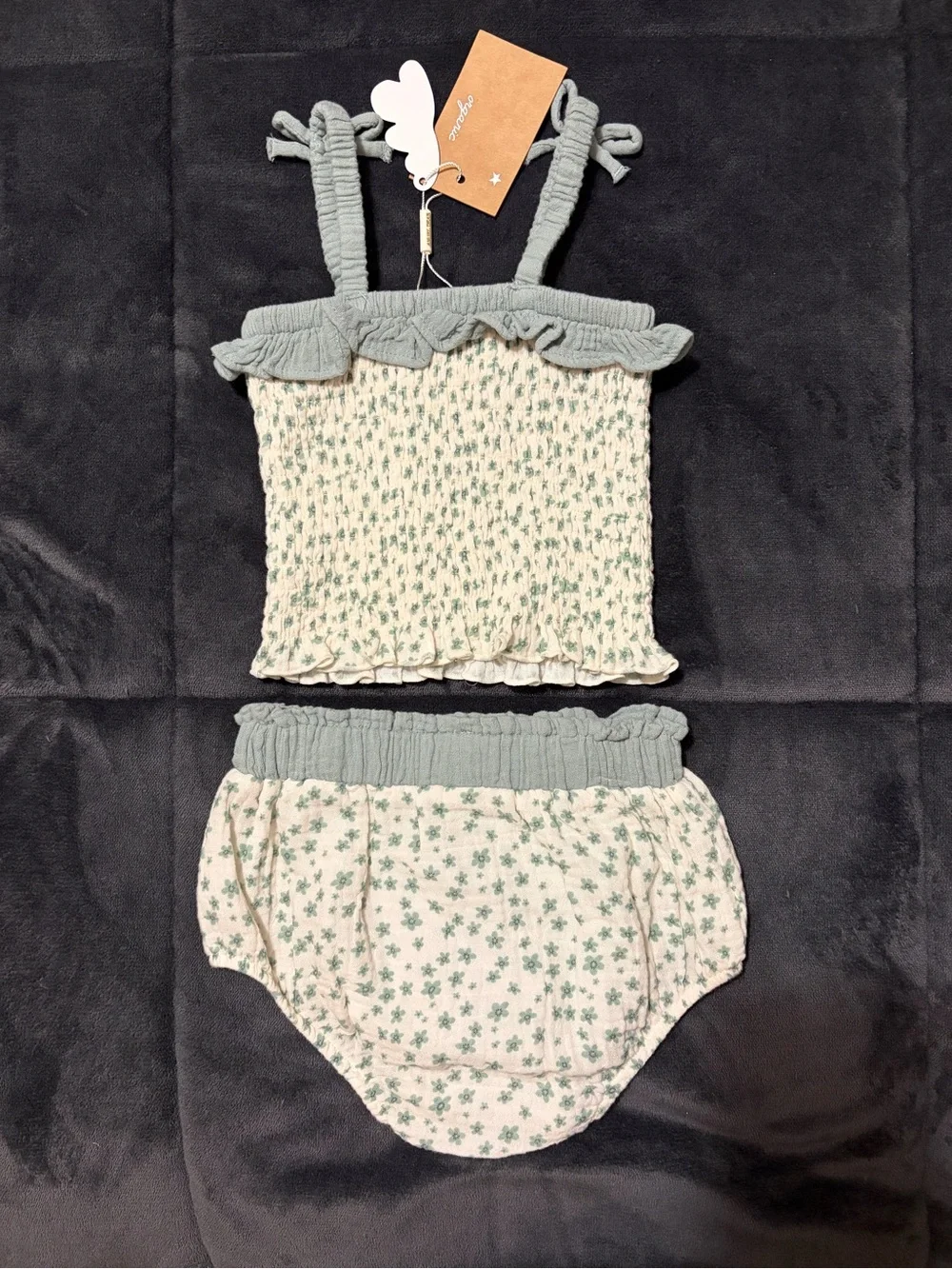 Angel Dear Cream & Sage Floral Smocked Tank and Bloomers Organic Cotton 18-24 mo